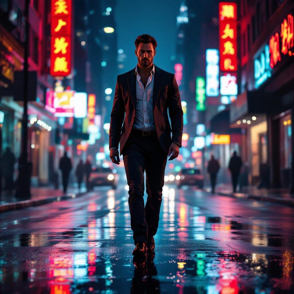 Man Walks Neon Street at Midnight in Hyperrealistic Style