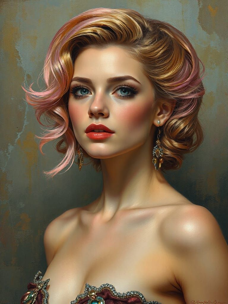 Neon Pin-Up in Alphonse Mucha and Waterhouse Style