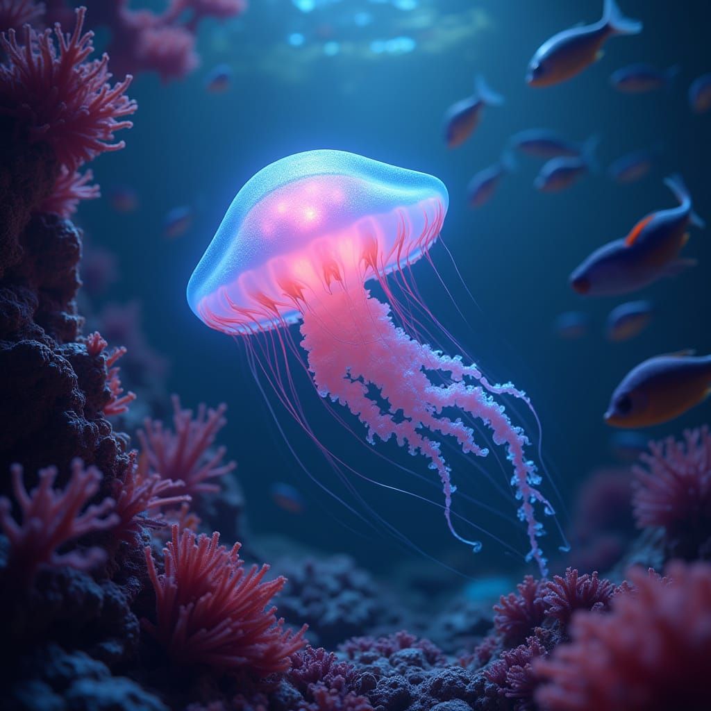 Bioluminescent Jellyfish in Alien Coral Reef