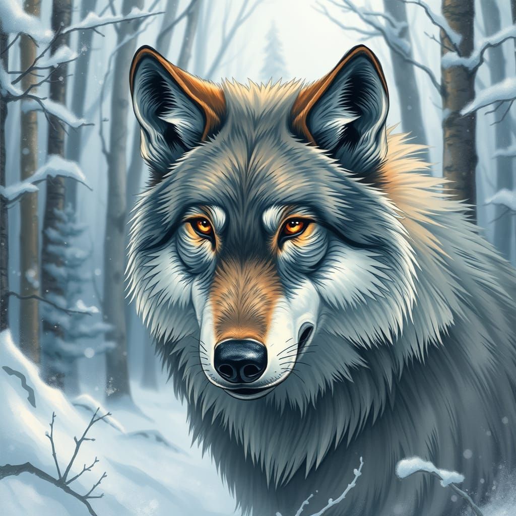 Powerful Wolf in Winter Forest Anime Style