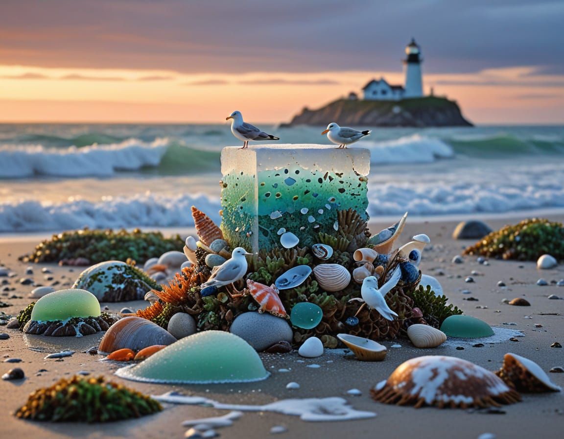 Seagulls and Sea Glass at Twilight Beach