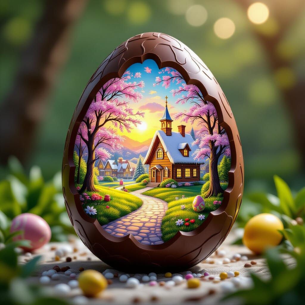 Giant Chocolate Easter Egg with Spring Village Painting
