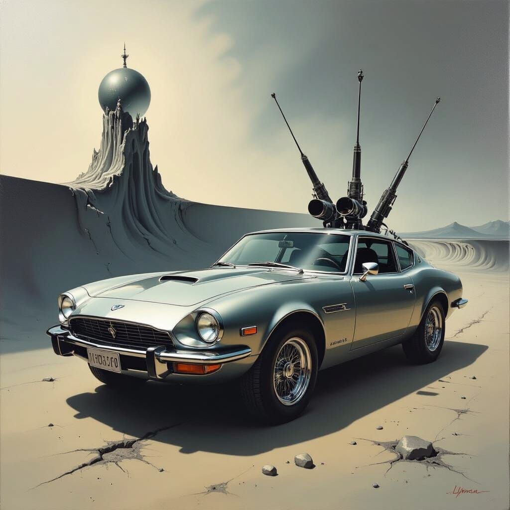Surreal Metallic Car with Weapons in Dreamlike Style