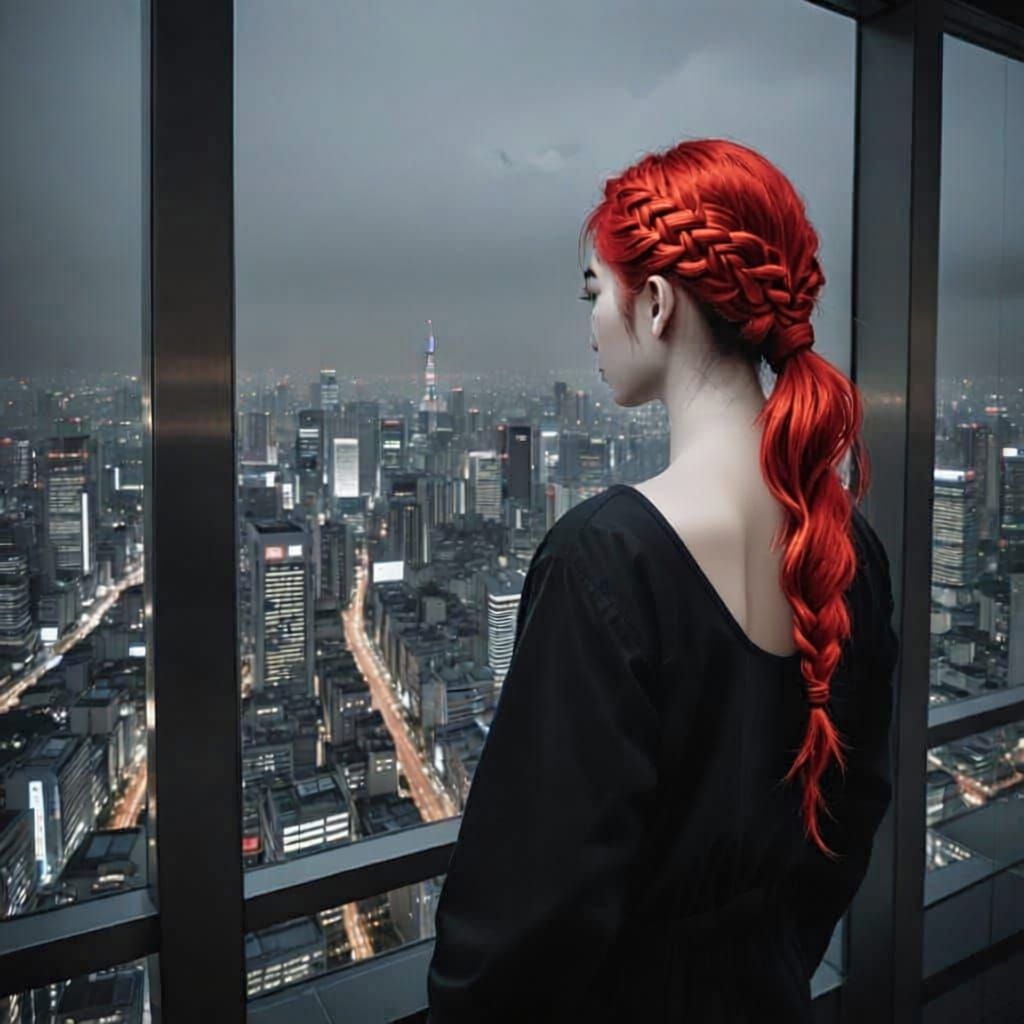 Woman With Red Hair Views Misty Cityscape at Night