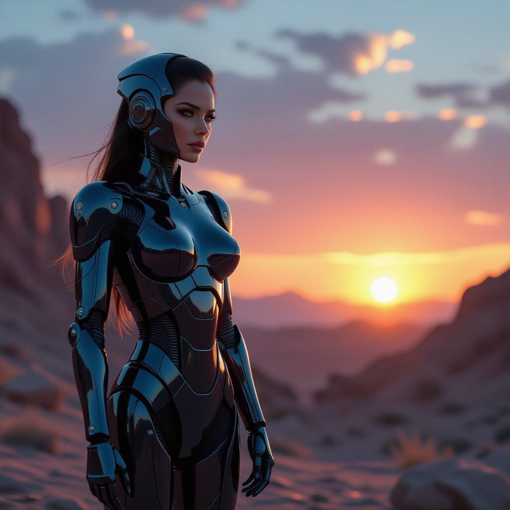 Cyborg Woman in Alien Sunset Landscape
