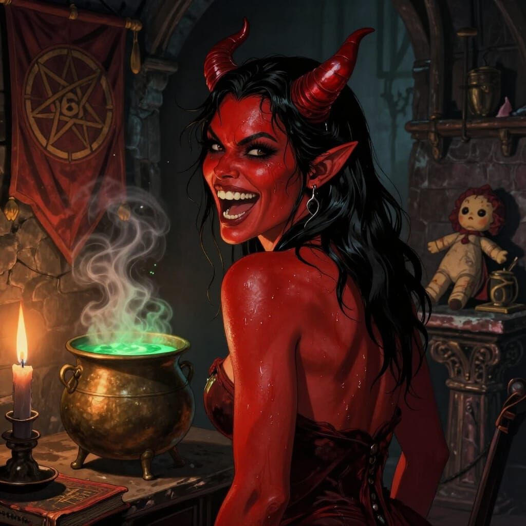 Devil Woman Laughing in Castle Dungeon Torchlight