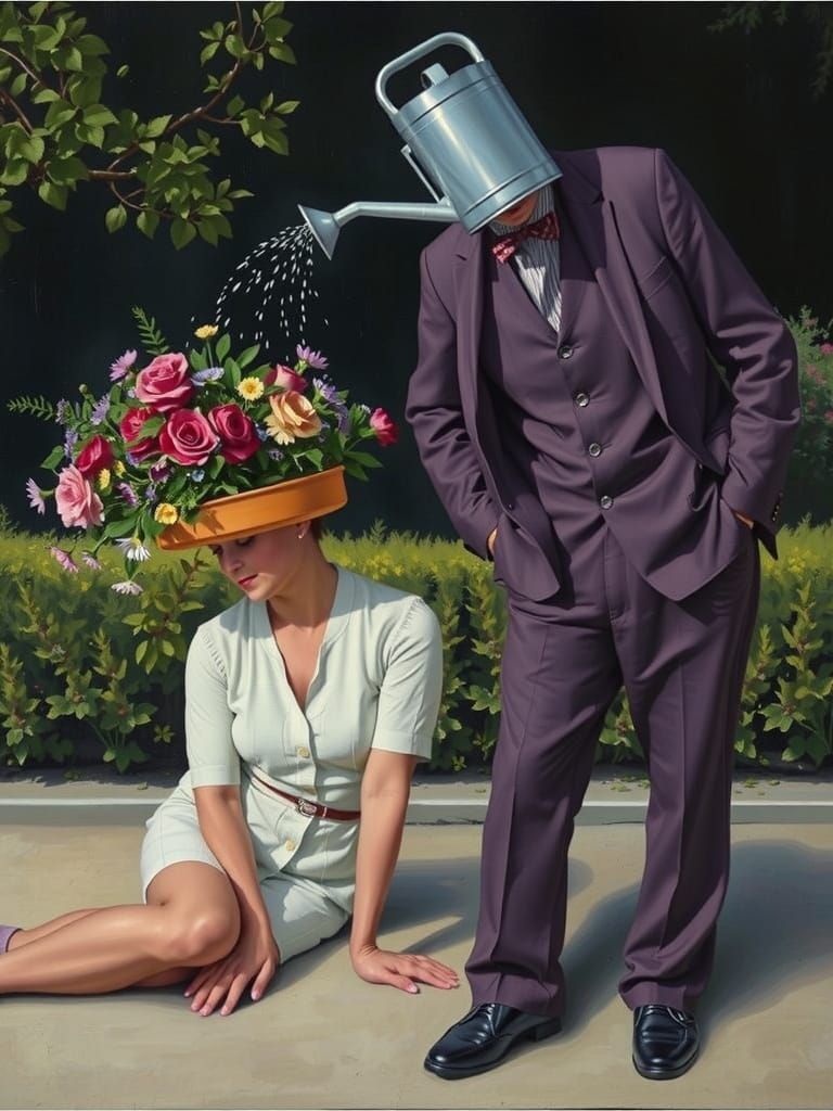 Man Watering Flower Pot in Surrealist Landscape