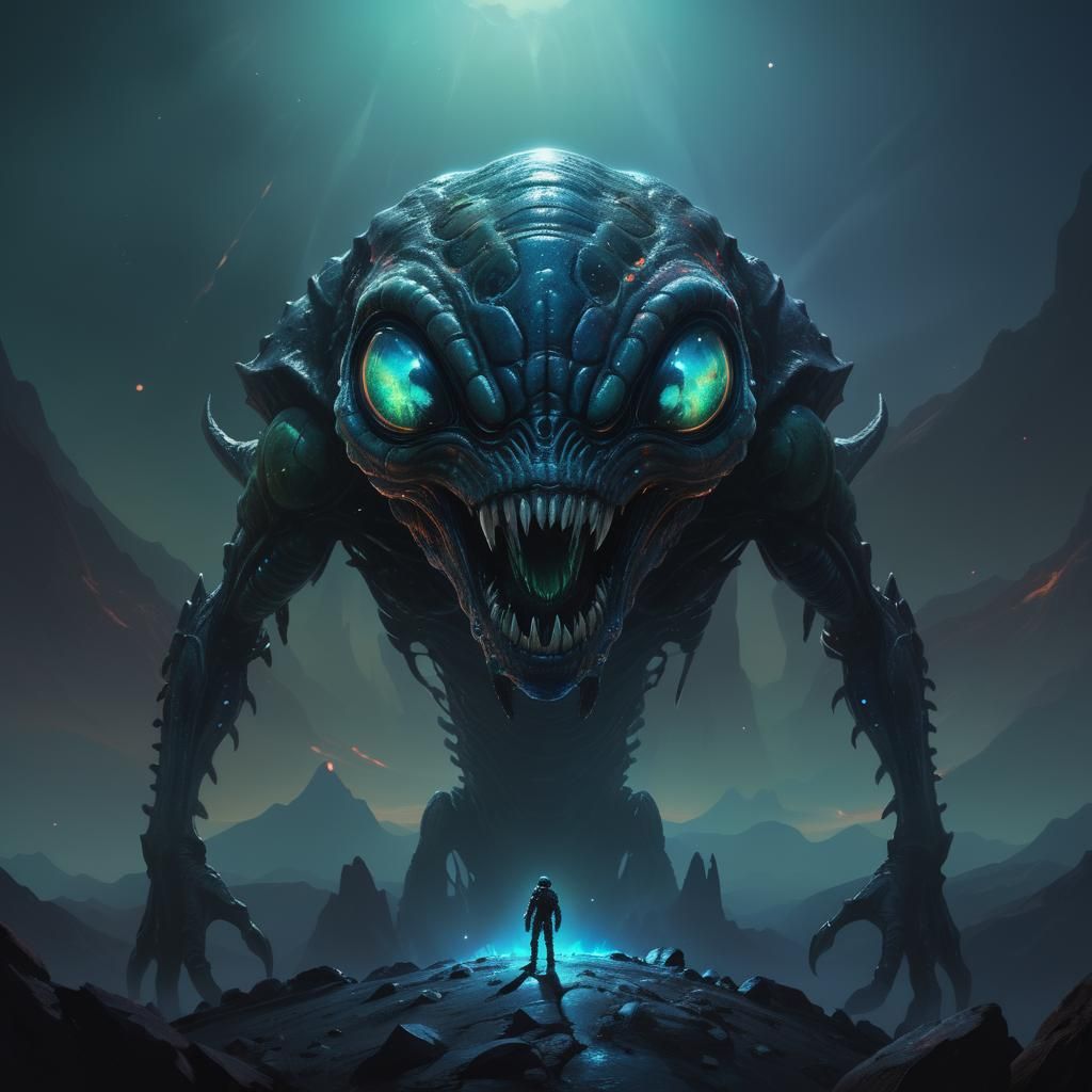 Alien with Bioluminescent Markings on Rocky Planet