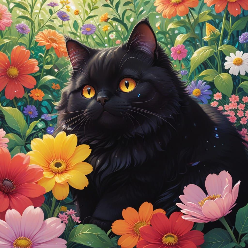 Chubby Black Cat in Vibrant Flowerbed Anime Illustration