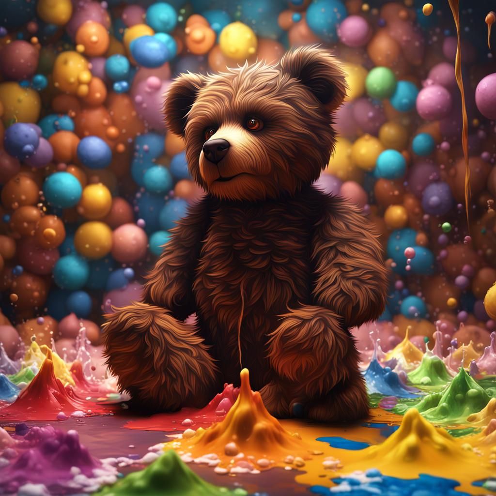 Giant Teddy Bear in Room of Splashed Paint