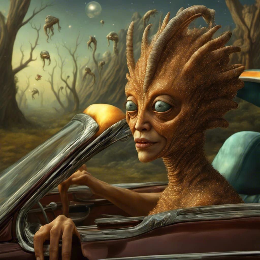 Smiling Alien People Joyride in Surreal Dreamscape
