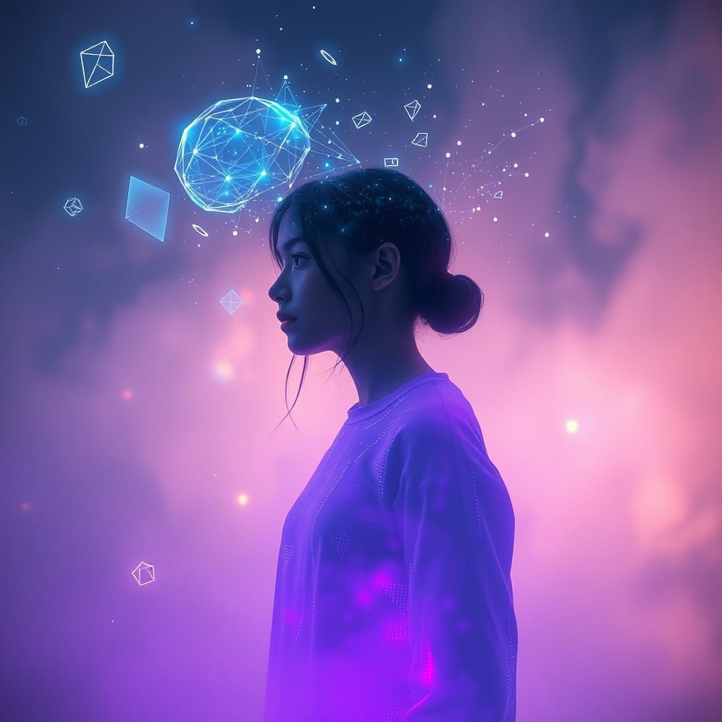 Girl Dissolving in Digital Fog: Surreal Conceptual Portrait
