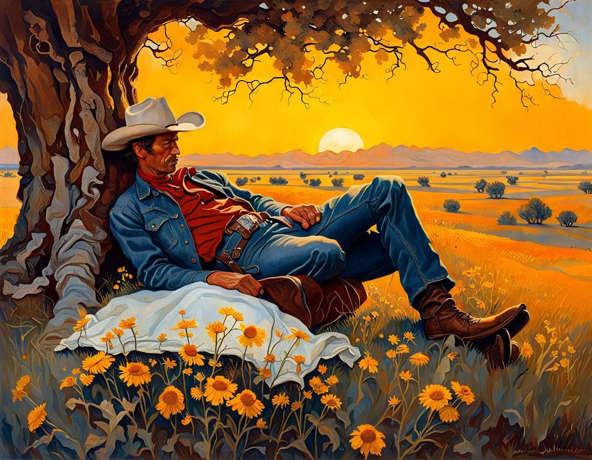 Cowboy's Prairie Nap Inspired by Rockwell