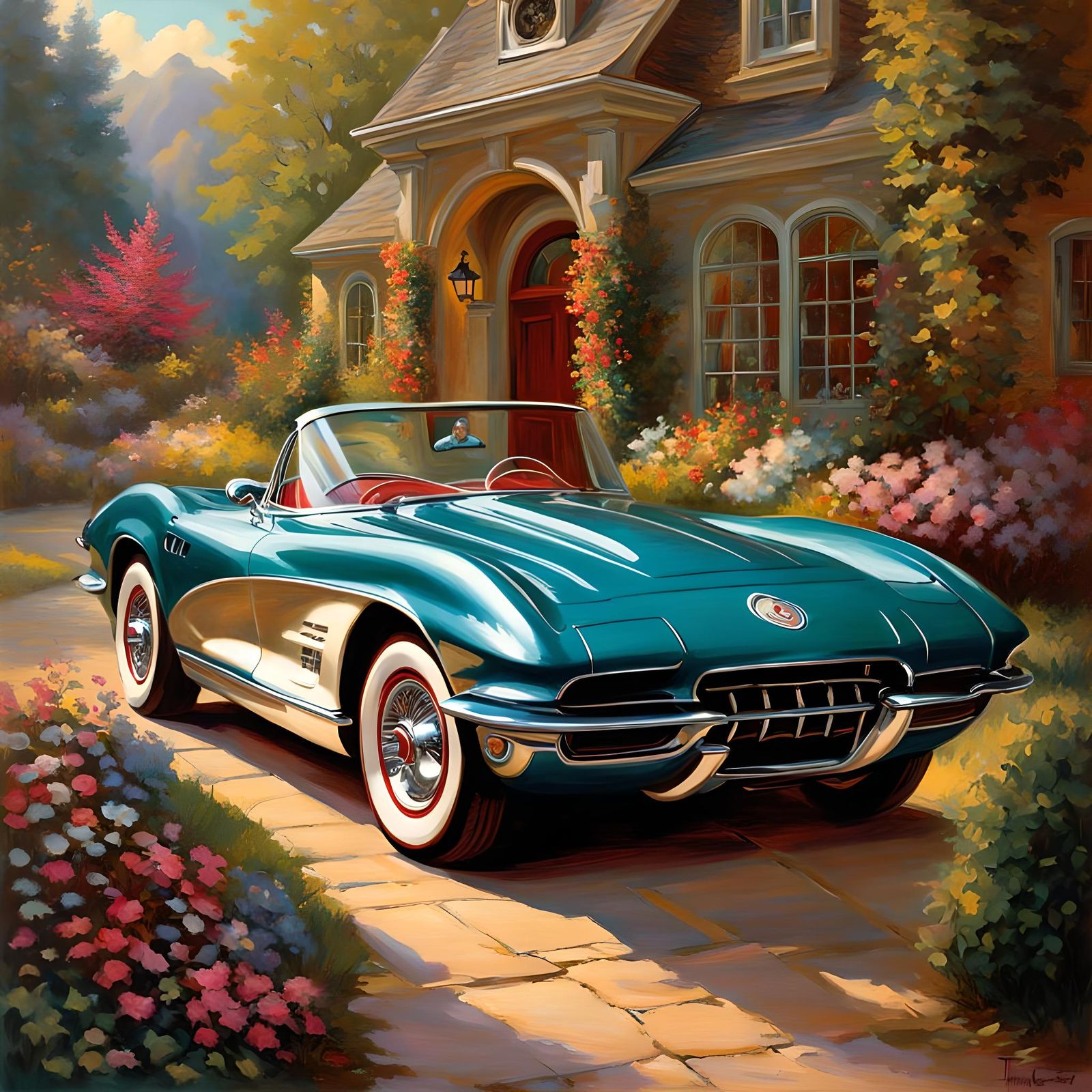 Man Unlocking Corvette: Artistic Color Illustration