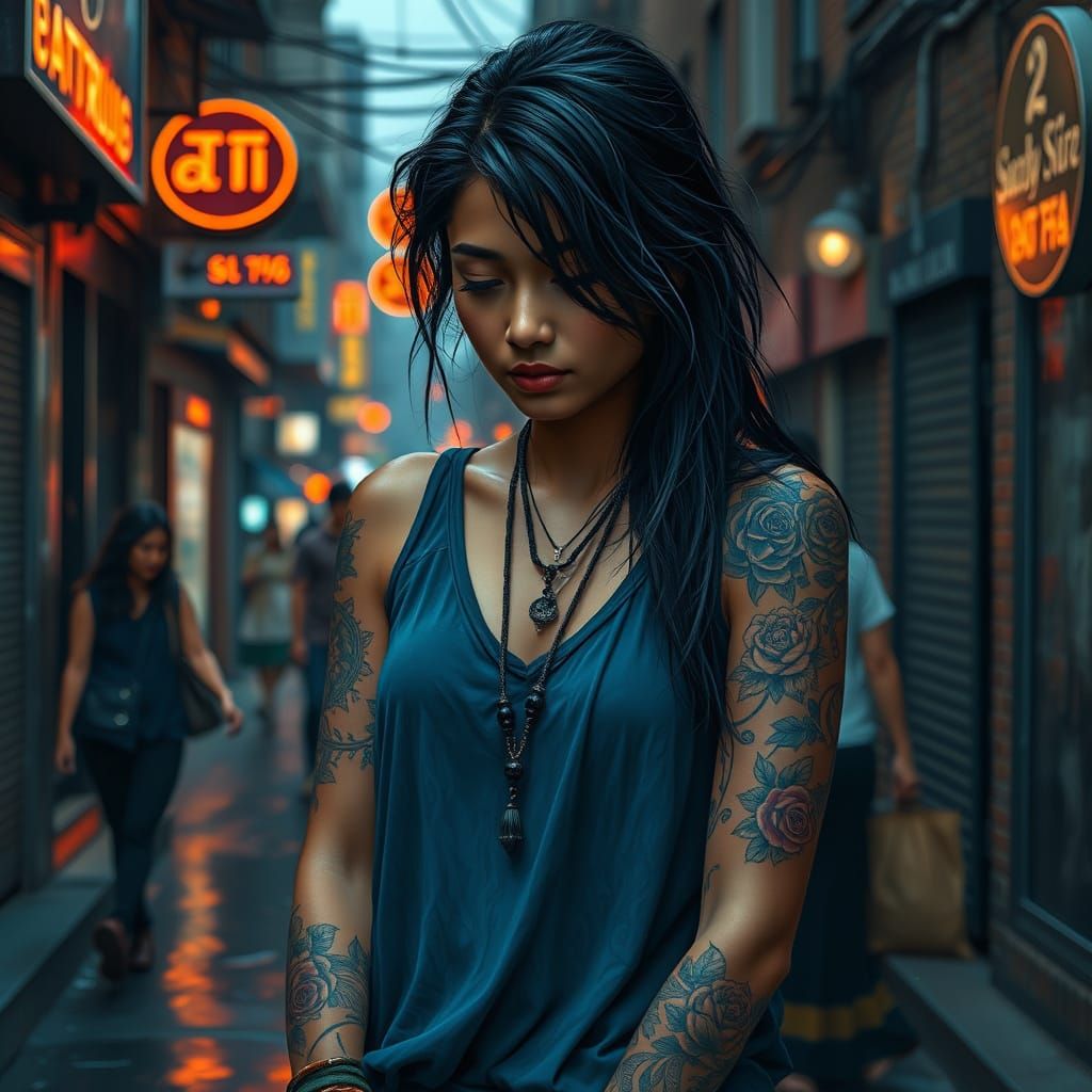 Sri Lankan Woman in Urban Alleyway, Impressionistic Cityscap...