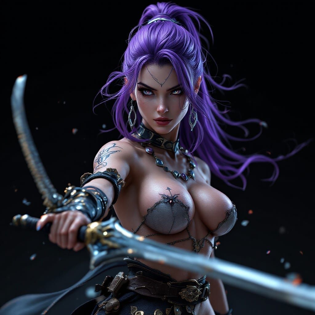 Epic Female Warrior in Fierce Fighting Stance