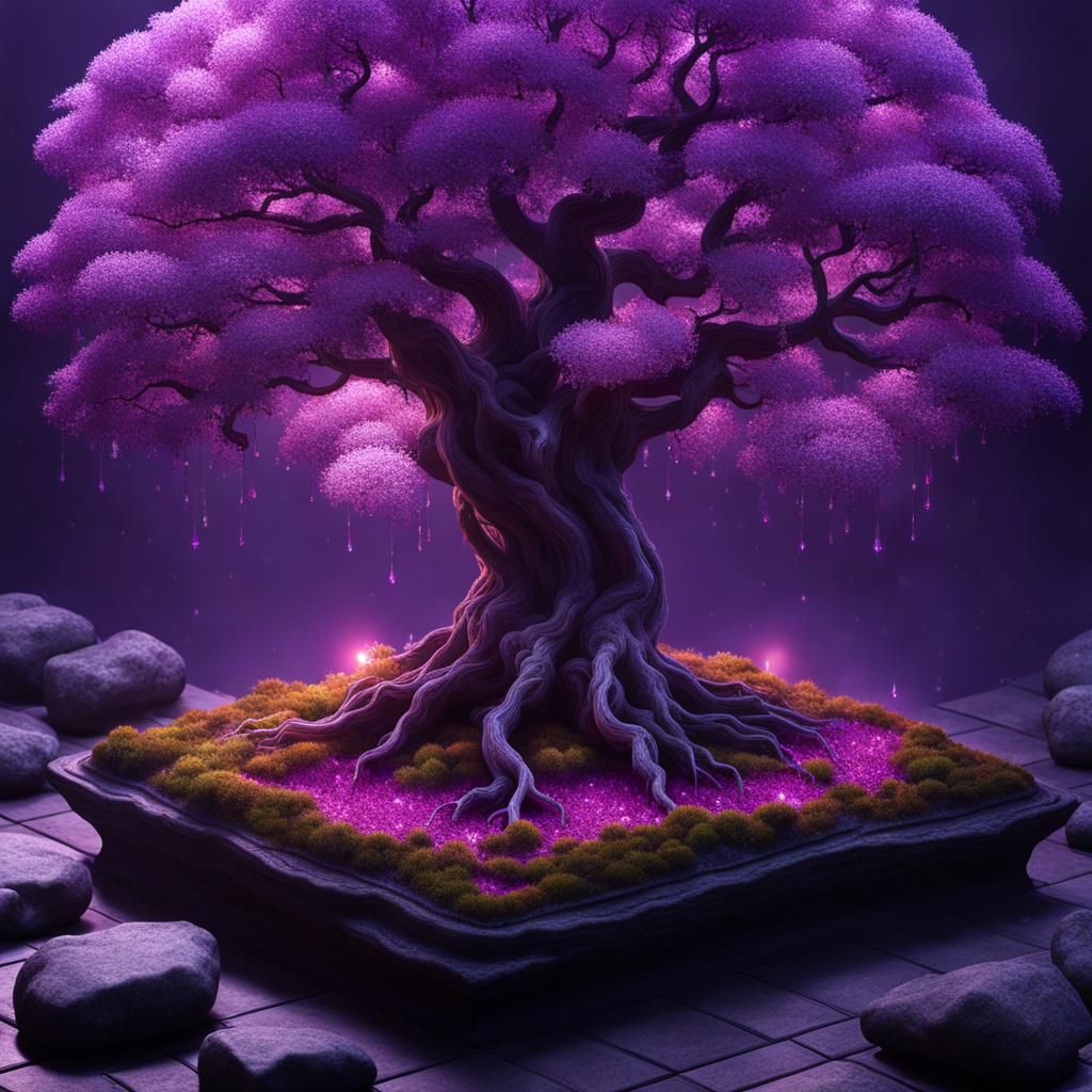 Magical Bonsai Tree with Glowing Crystals in Forest