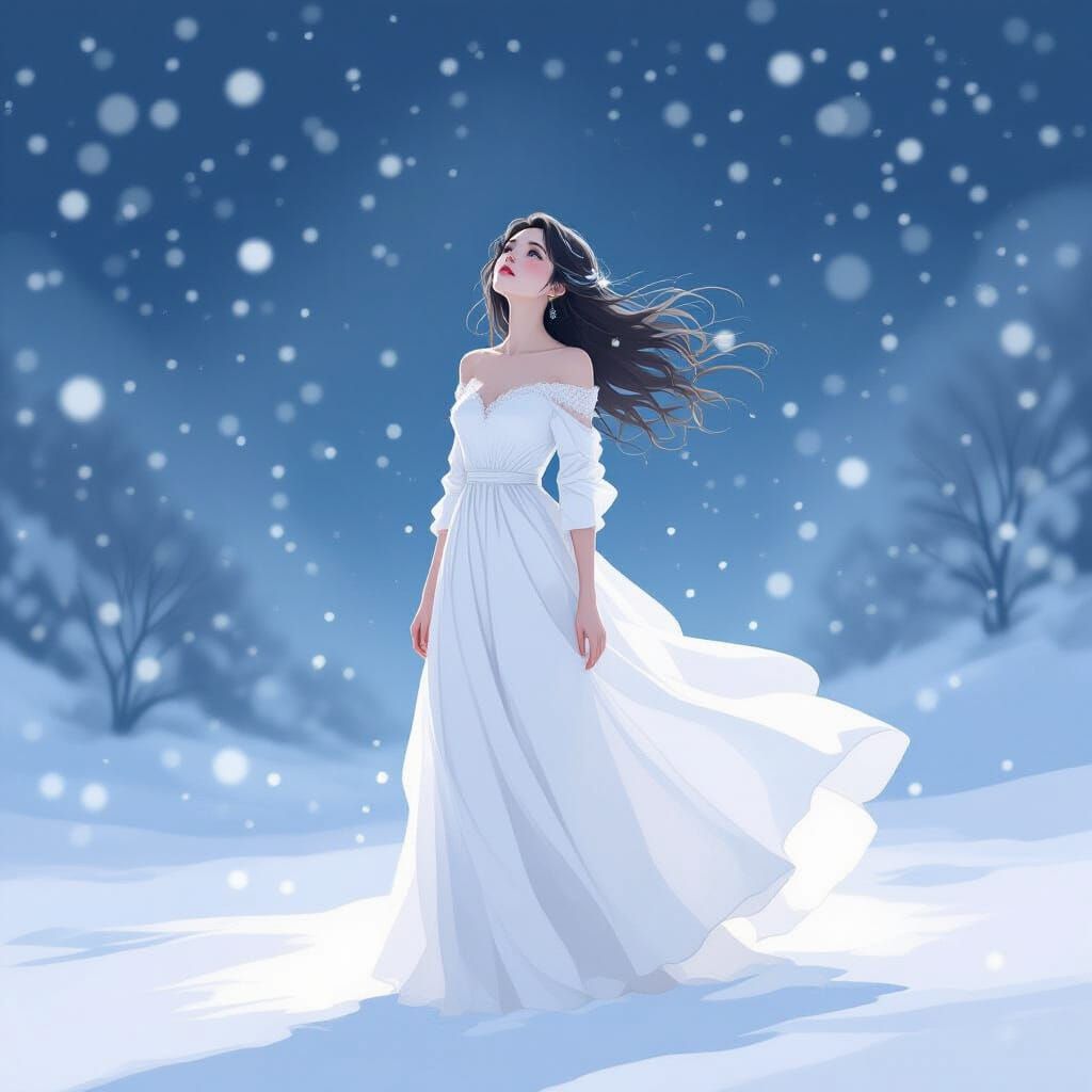 Ethereal Woman in Snowy Landscape as Watercolor Art