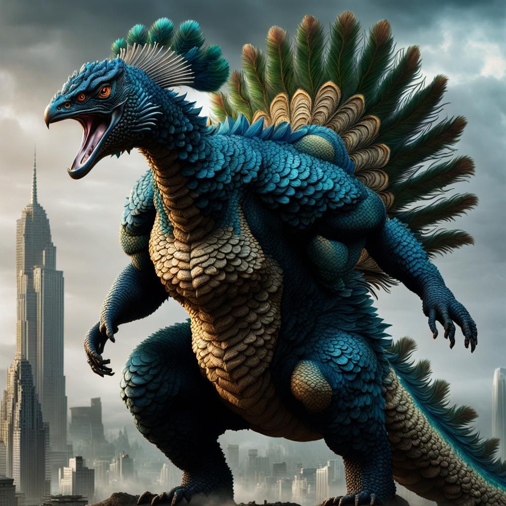 Peacock Godzilla Hybrid in a Cinematic Fantasy