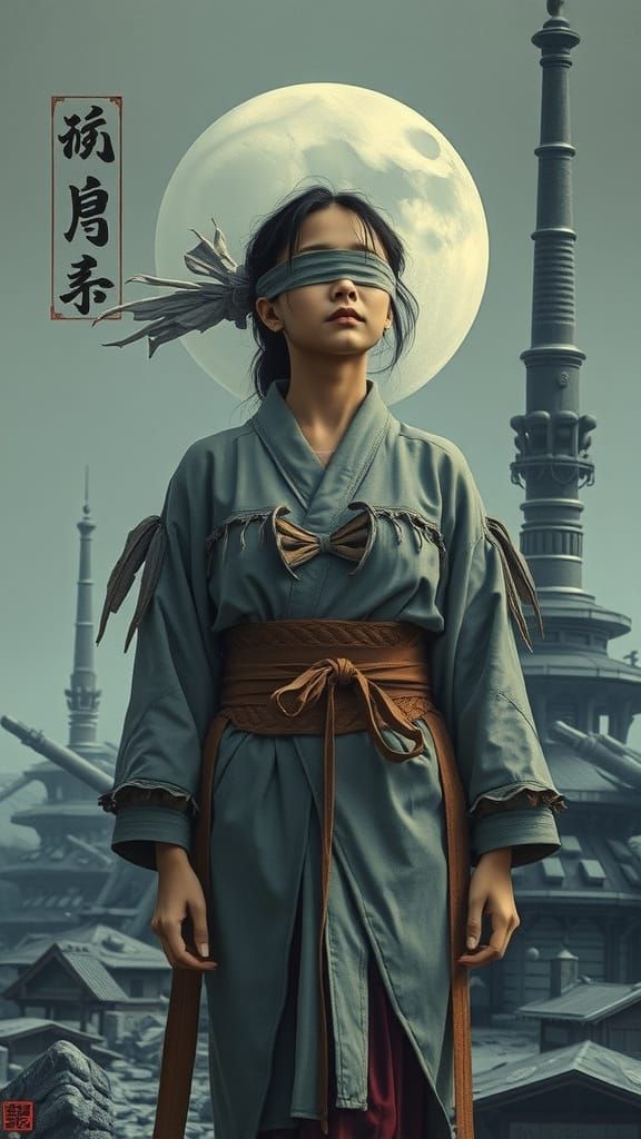 Blindfolded Woman in Ruins: Ukiyo-e Sci-Fi Art