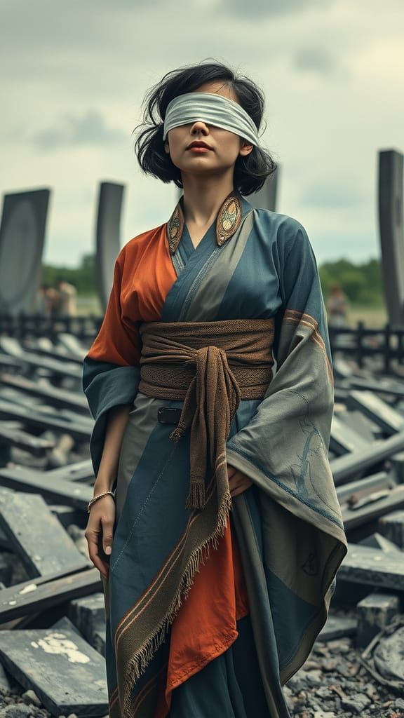 Blindfolded Woman in Ruins: Dark Sci-Fi Ukiyo-e