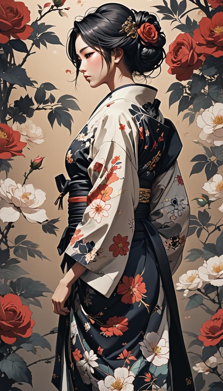 Japanese Woman in Kimono with Rose, Anime Style