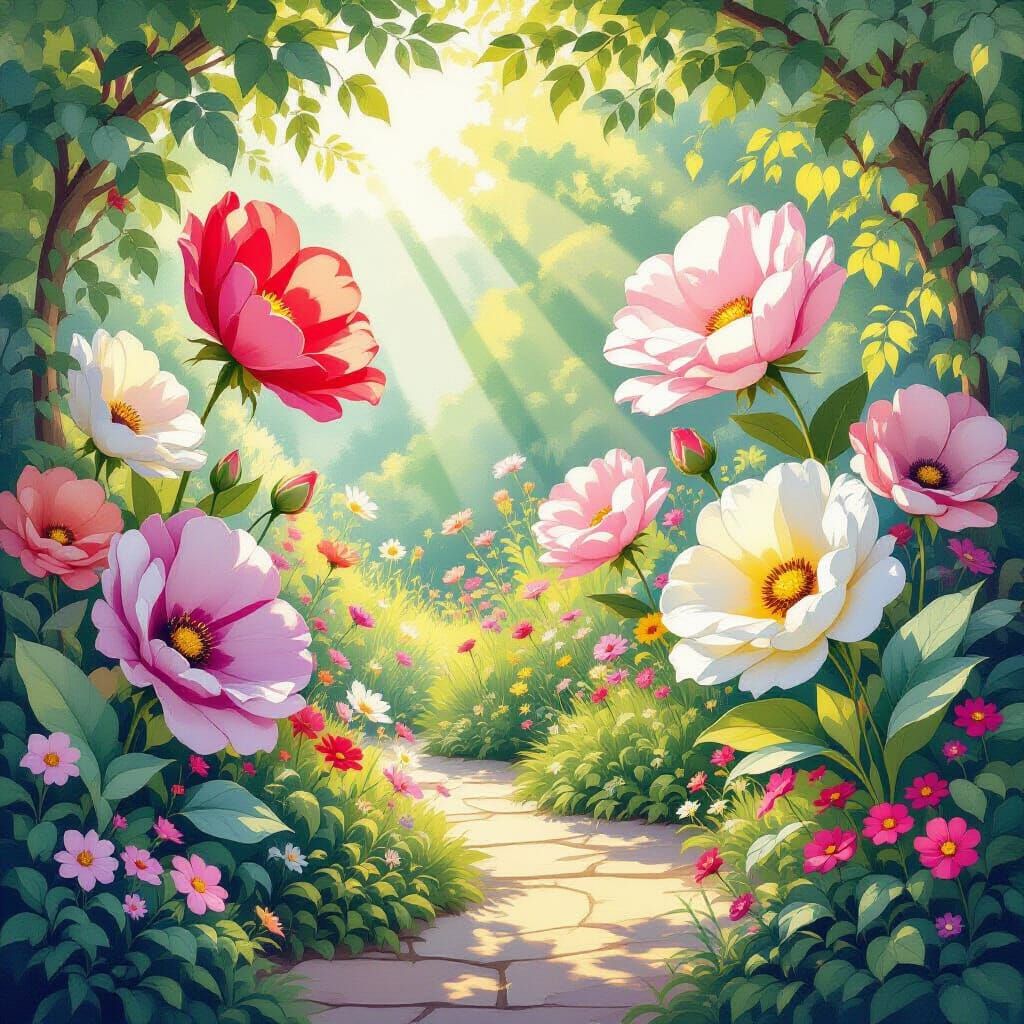 Impressionistic Pastel Flowers in Whimsical Garden