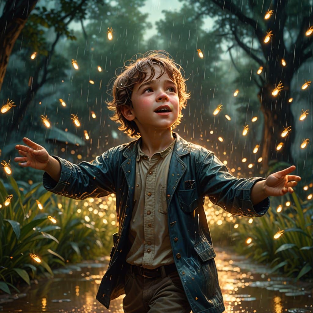 Child Dancing in Rain: Dreamlike Art Nouveau Portrait