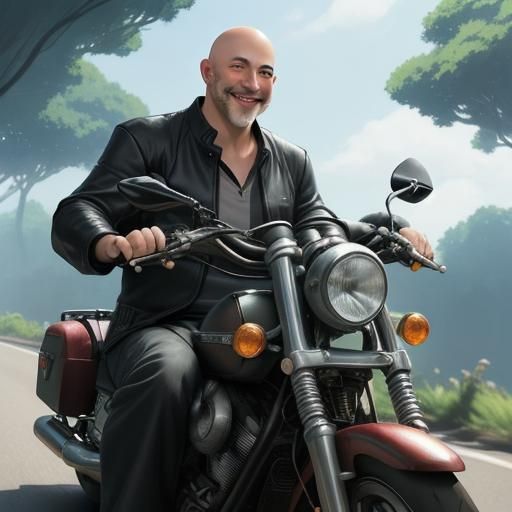 Bald Man on Motorcycle in Studio Ghibli Style