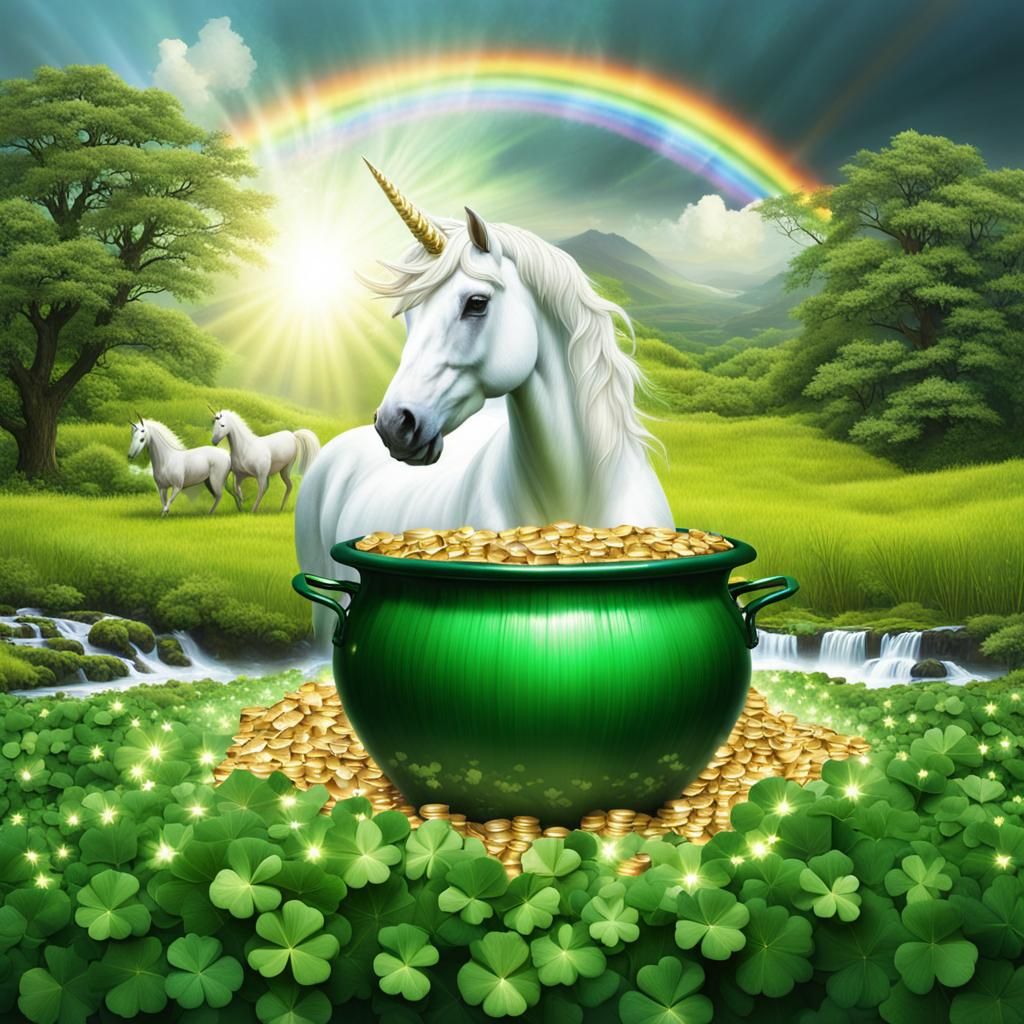 Lucky Irish Scene with Unicorn and Pot of Gold