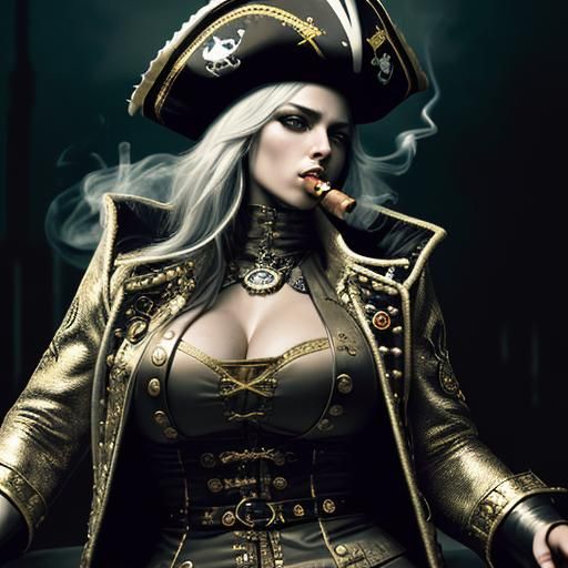 Woman in Pirate Coat Smoking Cigar, Hyperrealistic