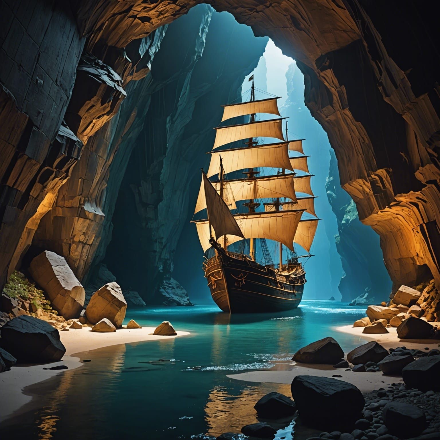 Ship Inside a Cave: AI Generated Image