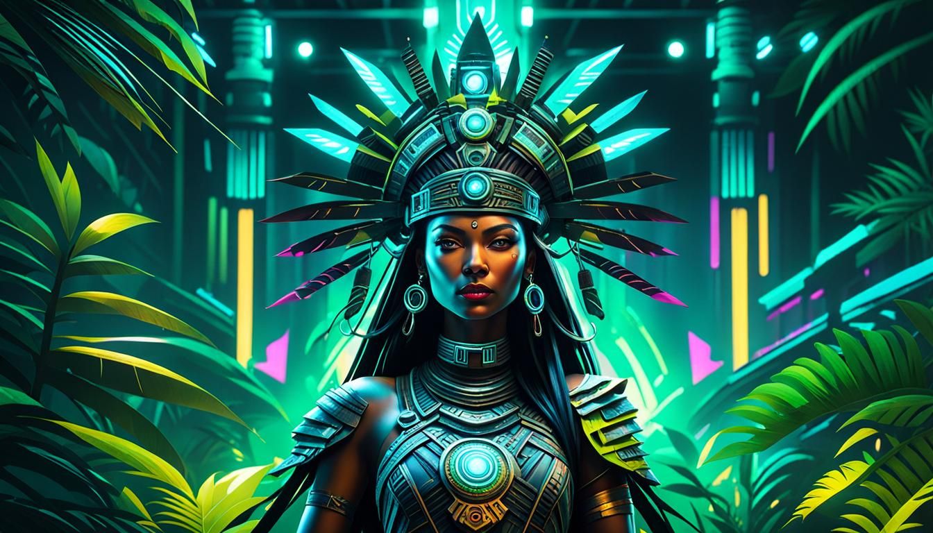 Dark Jungle Mayan Queen in Nuclearpunk Style