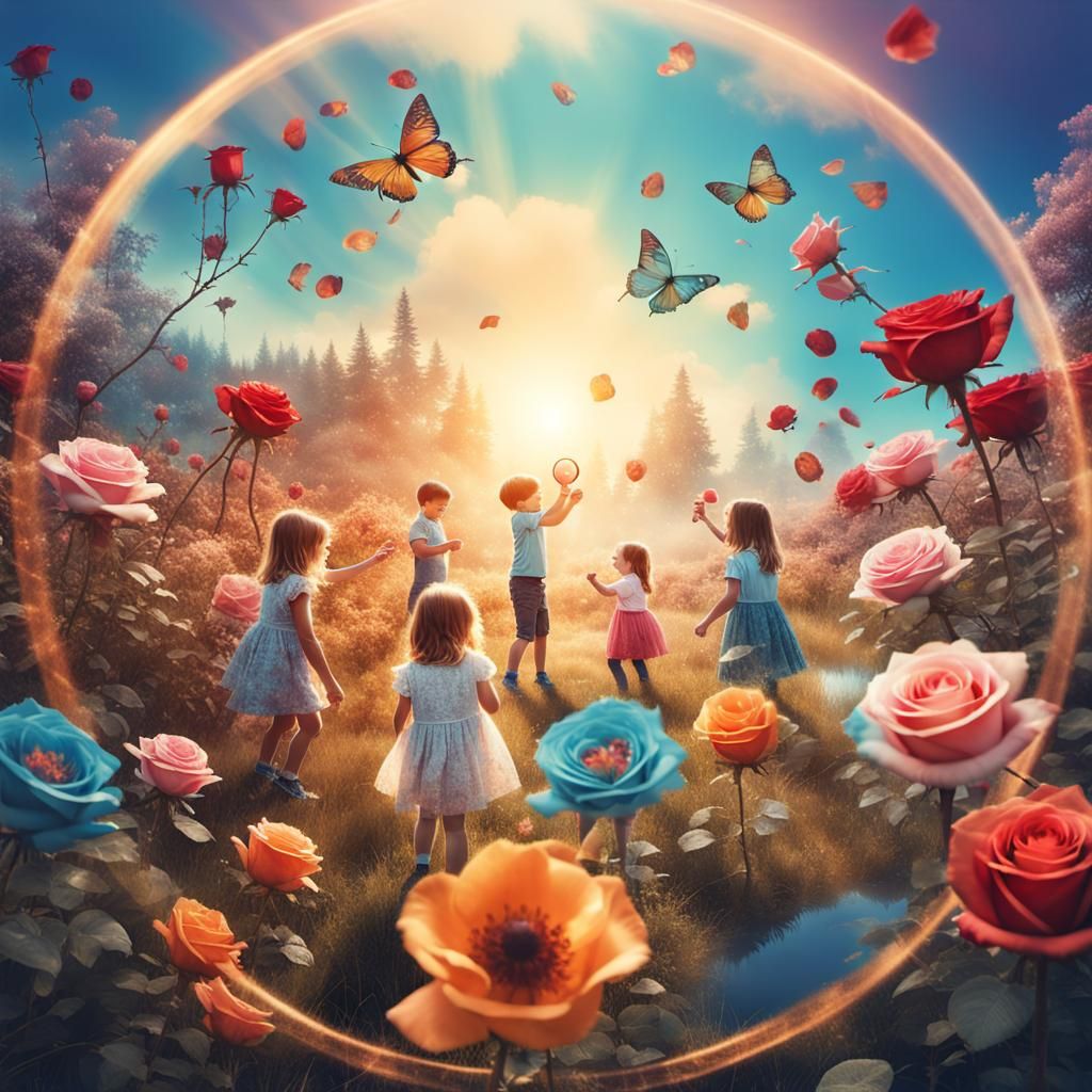 Double Exposure of Children Playing in Fantasy World