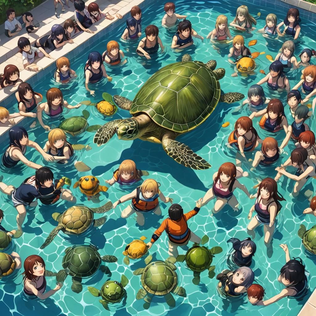 Turtle Swimming in Anime Crowd: Manga Style