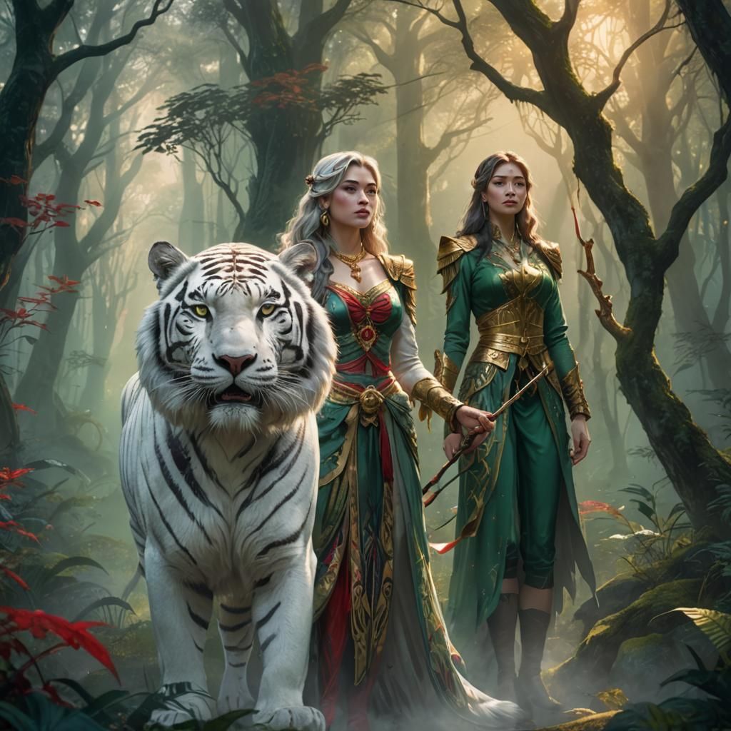Mystical Forest Queen with White Tiger
