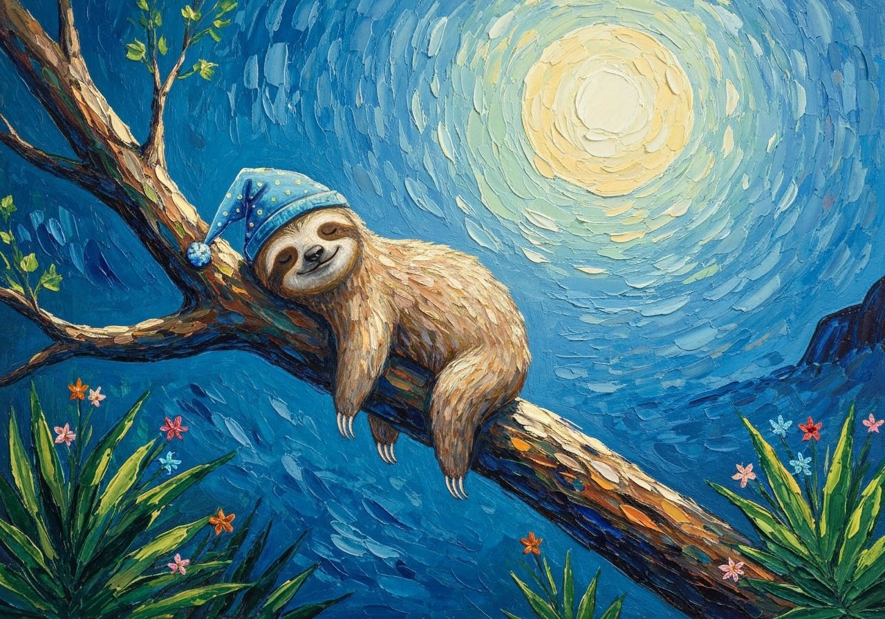 Cozy Sloth Painting in Impasto Style Under Moonlight