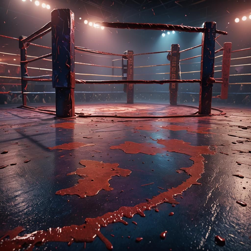 Dramatic Boxing Ring with Red Ink Splatter Art