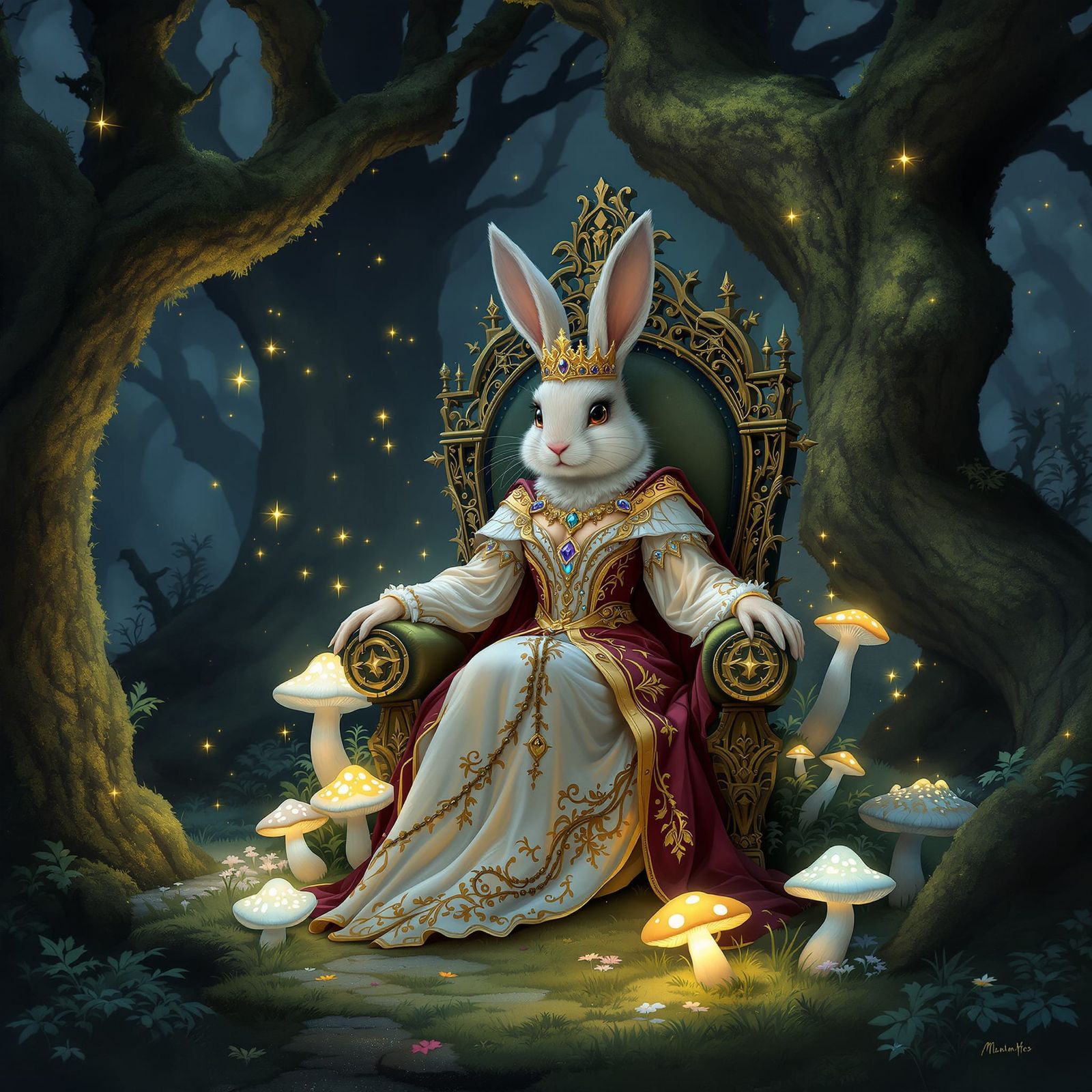 Regal Rabbit Queen on Mushroom Throne in Enchanted Forest