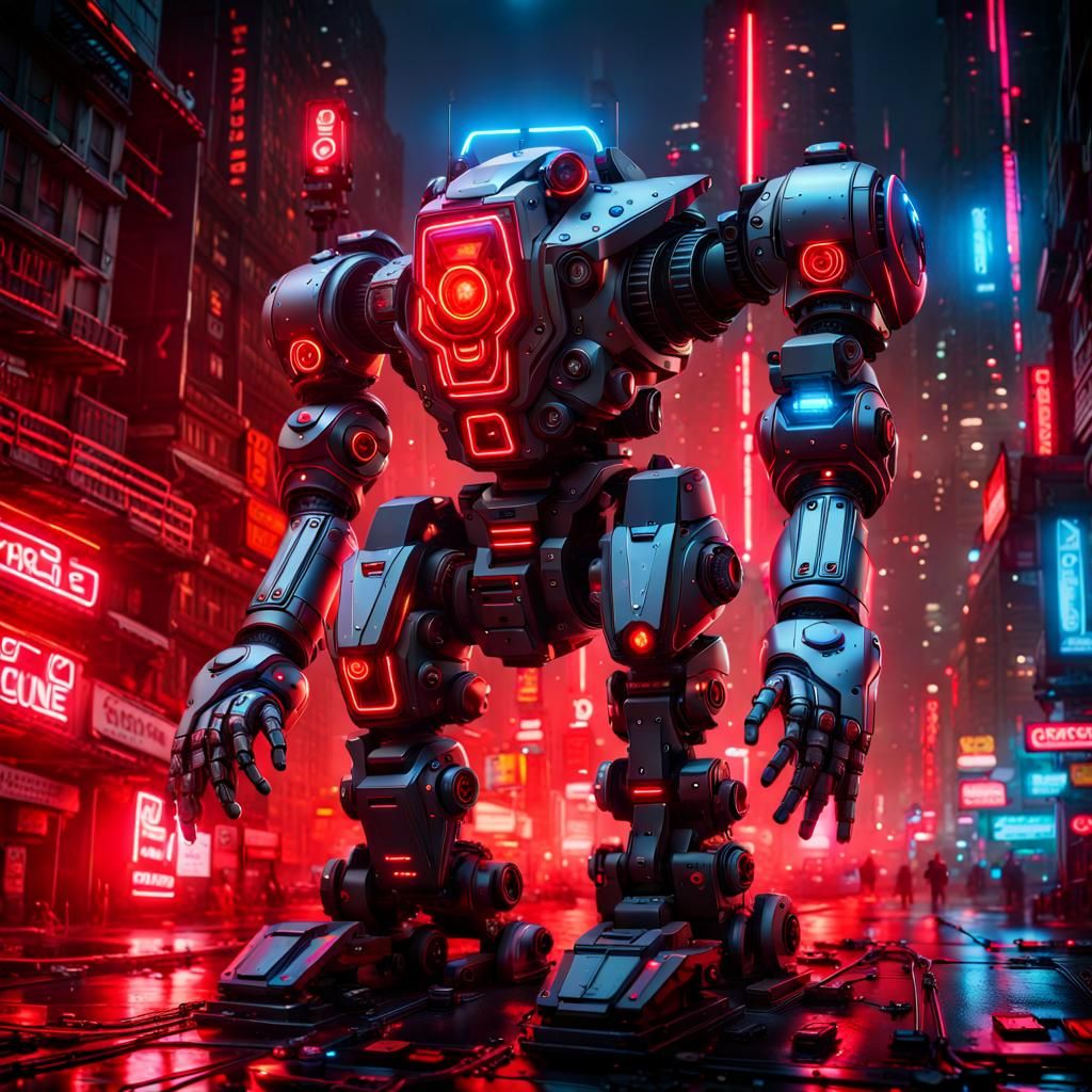 Cyberpunk Robot with Laser Cannons in Neon Lighting