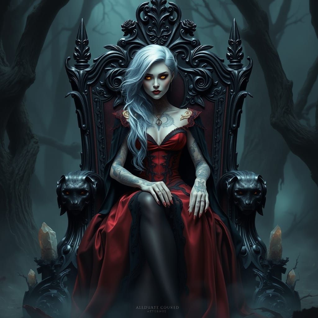 Gothic Vampire Queen on Throne of Black Roses