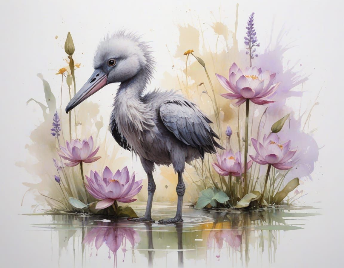 Shoebill Chick in Lotus Pond, Watercolour Style