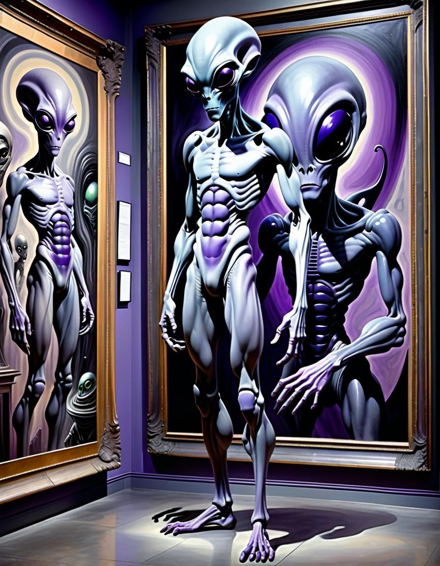 Alien Art Critic at Museum: Oil Painting