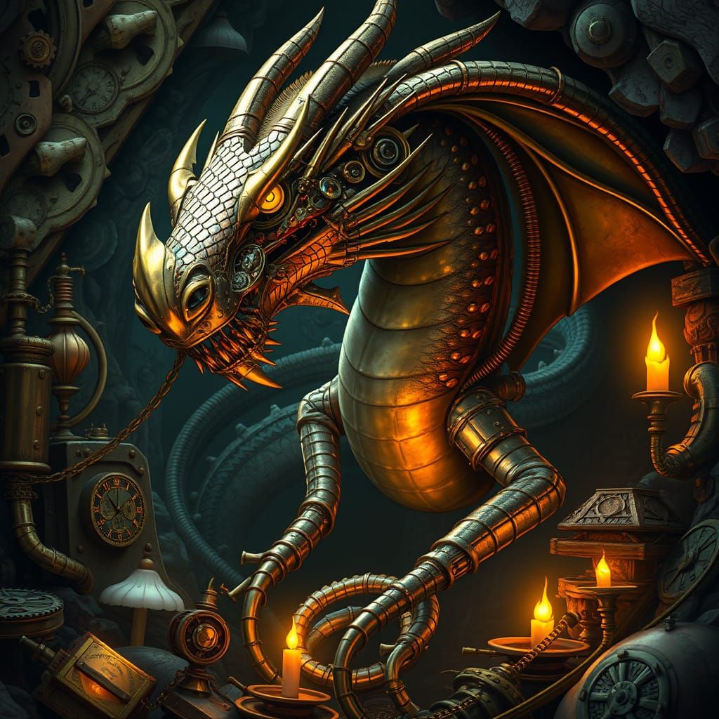 Steampunk Dragon's Treasure Trove of Gears and Clockwork