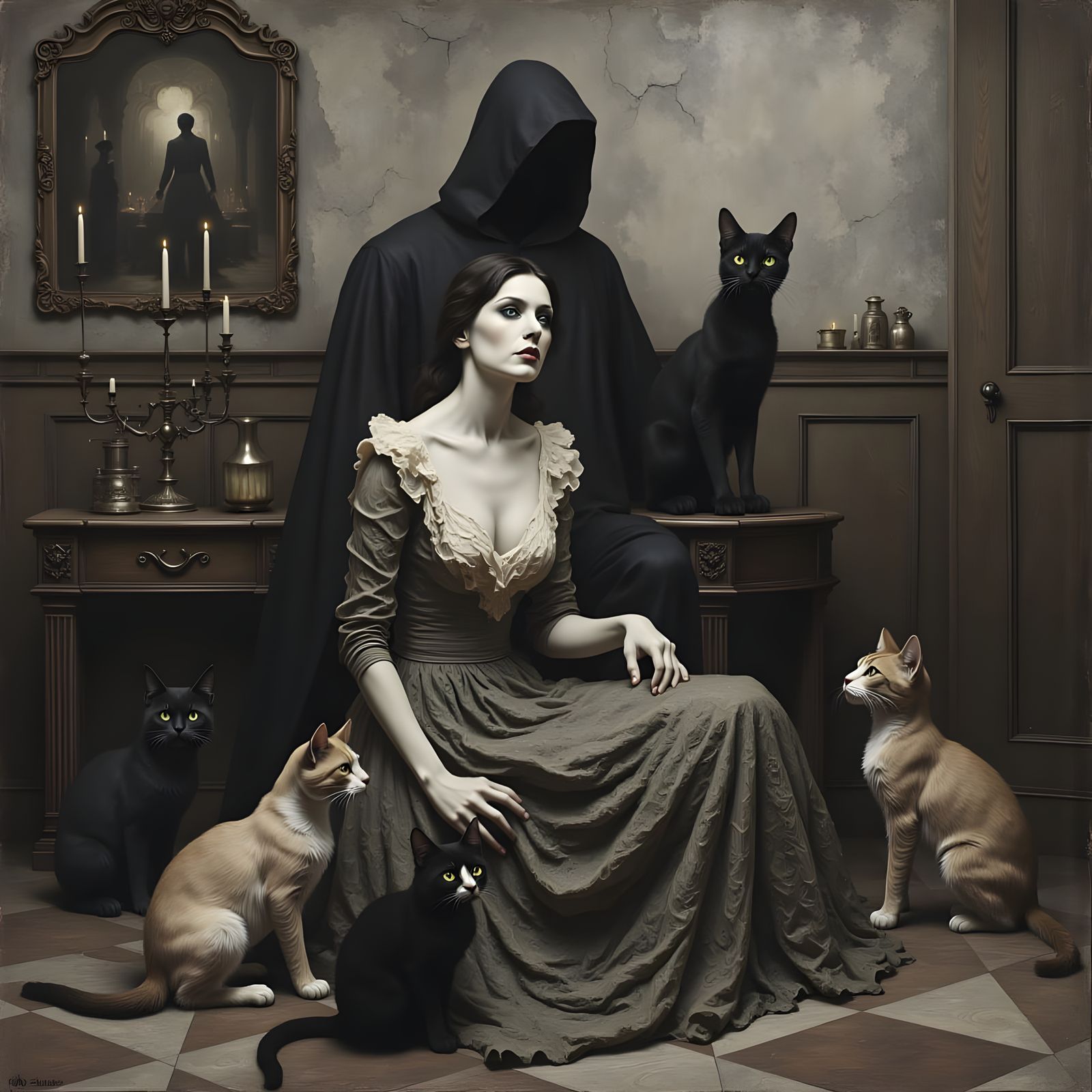 Woman Confused by Feline Affair in Desolate Surrealist Scene