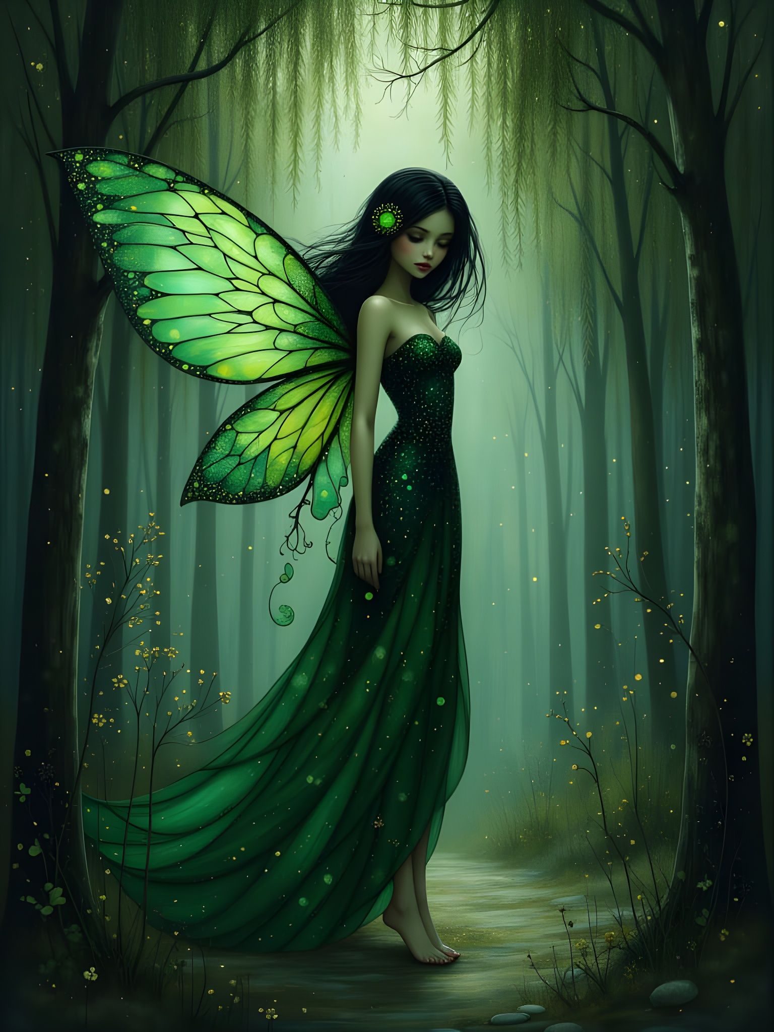 Ethereal Faerie Queen Walking Among Willow Trees in a Dark F...