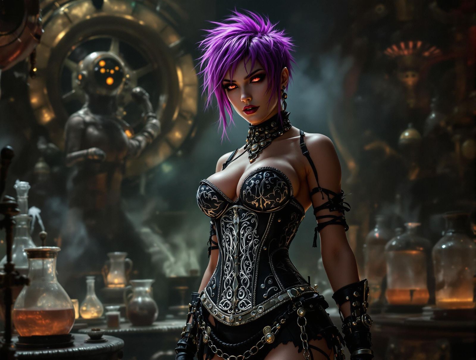 Dieselpunk Sorceress in Steam-Filled Laboratory
