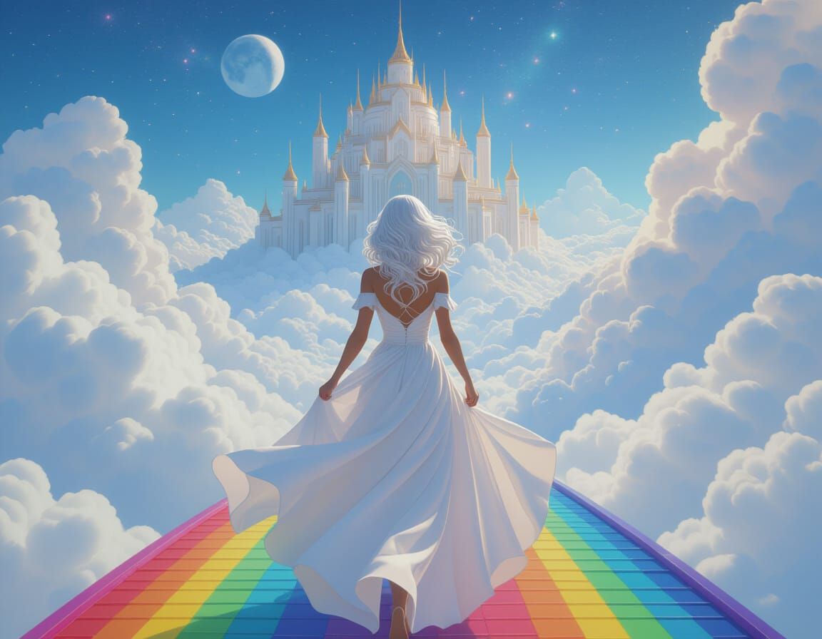 Ethereal Woman on Rainbow Bridge in Dreamscape