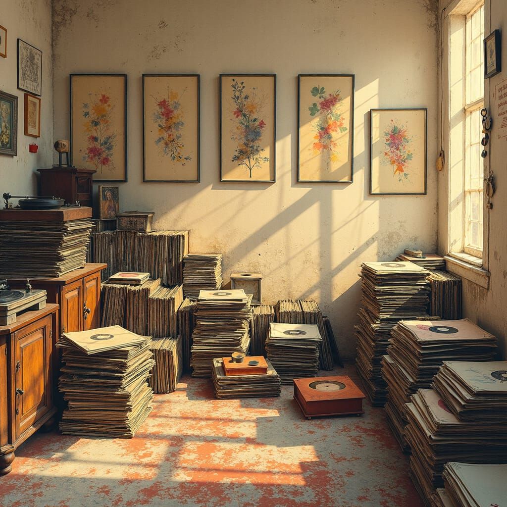 Timeless Record Collection Displayed with Musical Notes