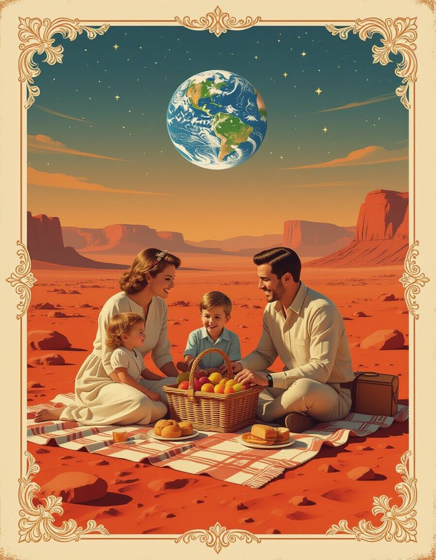 Retro-Futuristic Family Picnic on Mars